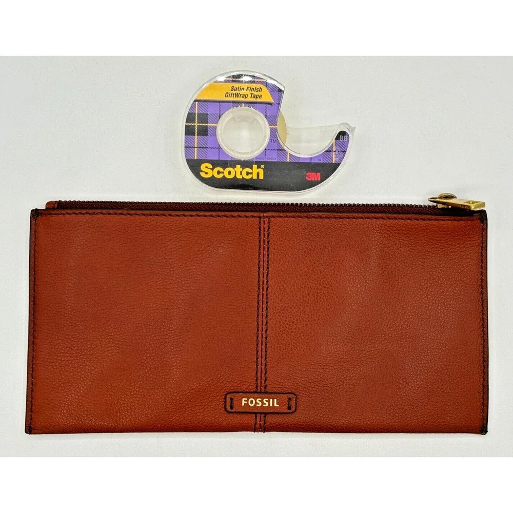 Fossil Pebbled Cowhide Leather Cinnamon Brown Zippered Money Wallet Pouch Clean!